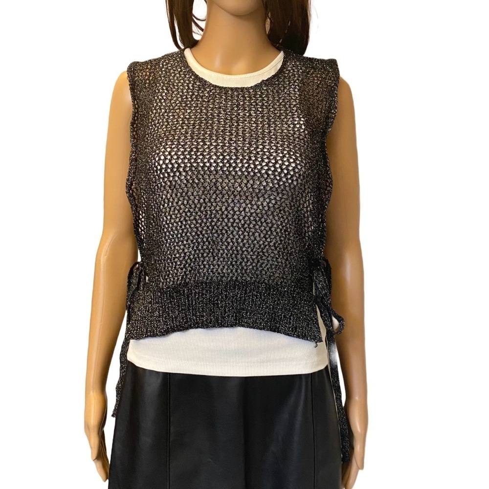 ZARA Women's Layered Top White w/ Black Metallic Sequined Mesh Size M - NWT $39